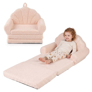 inQ Boutique - 2-in-1 Flip Open Kids Sofa Lounger, Teddy Fleece Toddler Couch with Carry Handle for Ages 3+ (Beige)