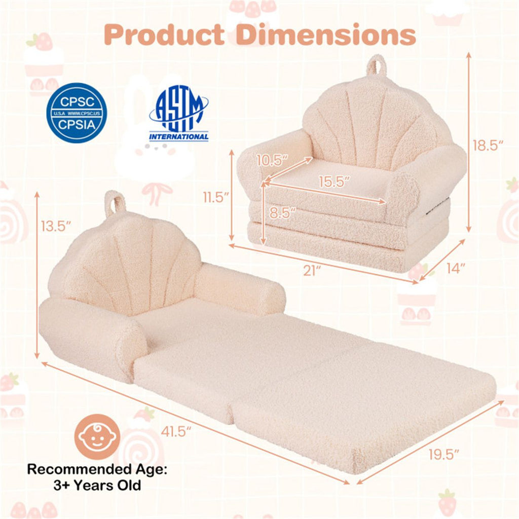 inQ Boutique - 2-in-1 Flip Open Kids Sofa Lounger, Teddy Fleece Toddler Couch with Carry Handle for Ages 3+ (Beige)