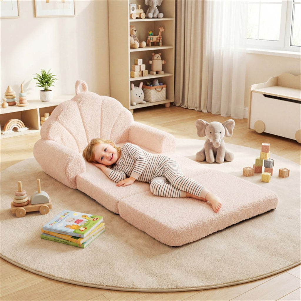 inQ Boutique - 2-in-1 Flip Open Kids Sofa Lounger, Teddy Fleece Toddler Couch with Carry Handle for Ages 3+ (Beige)