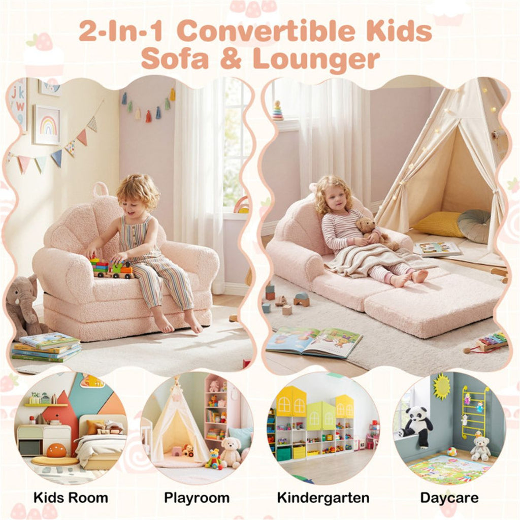 inQ Boutique - 2-in-1 Flip Open Kids Sofa Lounger, Teddy Fleece Toddler Couch with Carry Handle for Ages 3+ (Beige)