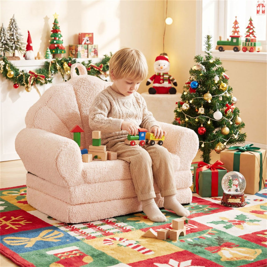 inQ Boutique - 2-in-1 Flip Open Kids Sofa Lounger, Teddy Fleece Toddler Couch with Carry Handle for Ages 3+ (Beige)