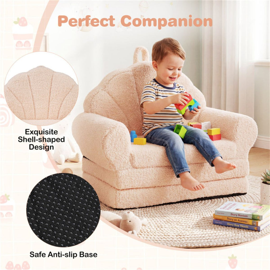 inQ Boutique - 2-in-1 Flip Open Kids Sofa Lounger, Teddy Fleece Toddler Couch with Carry Handle for Ages 3+ (Beige)