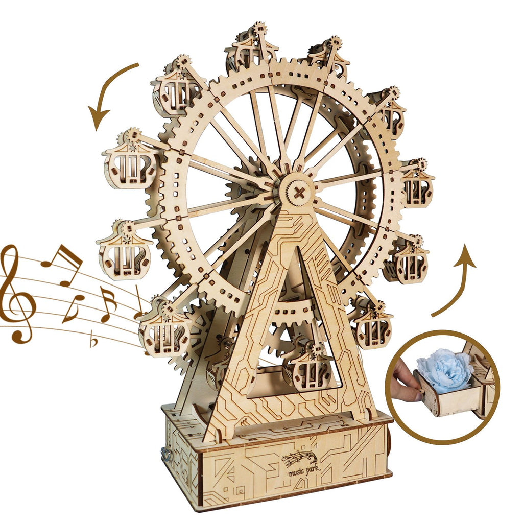 Music Park - 3d Wooden Puzzle Gear Ferris Wheel Music Box You Are My Sunshine Handmade Assembly Model Kit Holidays Brthdays Christmas Gifts