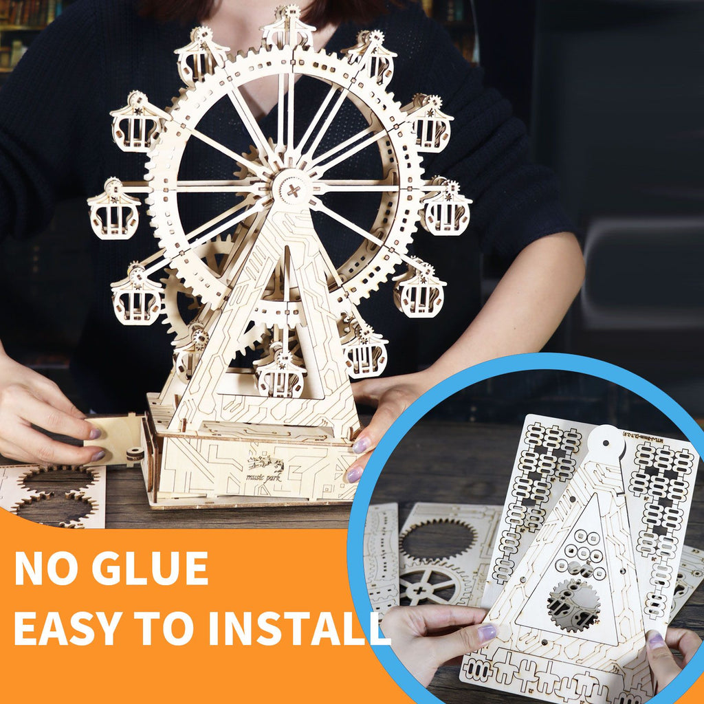 Music Park - 3d Wooden Puzzle Gear Ferris Wheel Music Box You Are My Sunshine Handmade Assembly Model Kit Holidays Brthdays Christmas Gifts