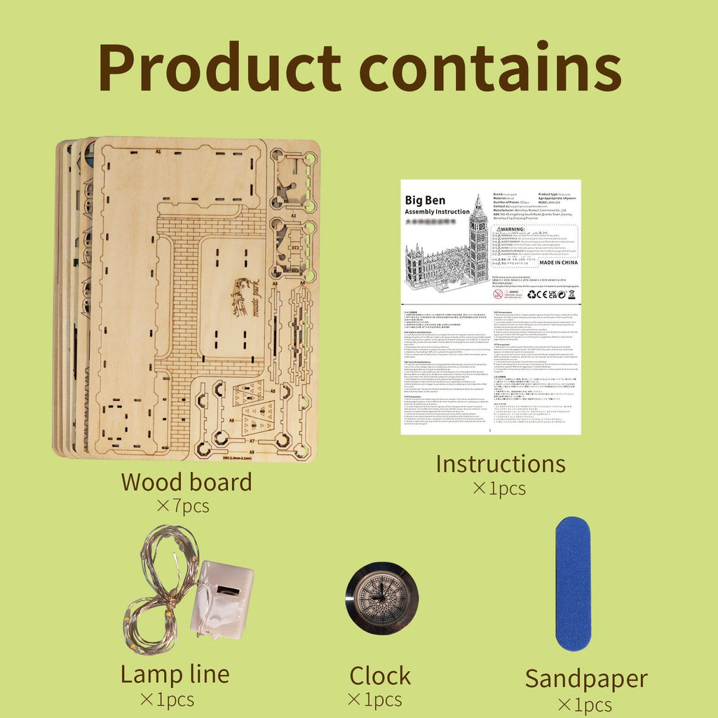 Music Park - 3D Wooden Puzzle Big Ben Model Kits Desktop Clock DIY Building Blocks Creative Gift Home Decor for Family Unique Christmas Gift