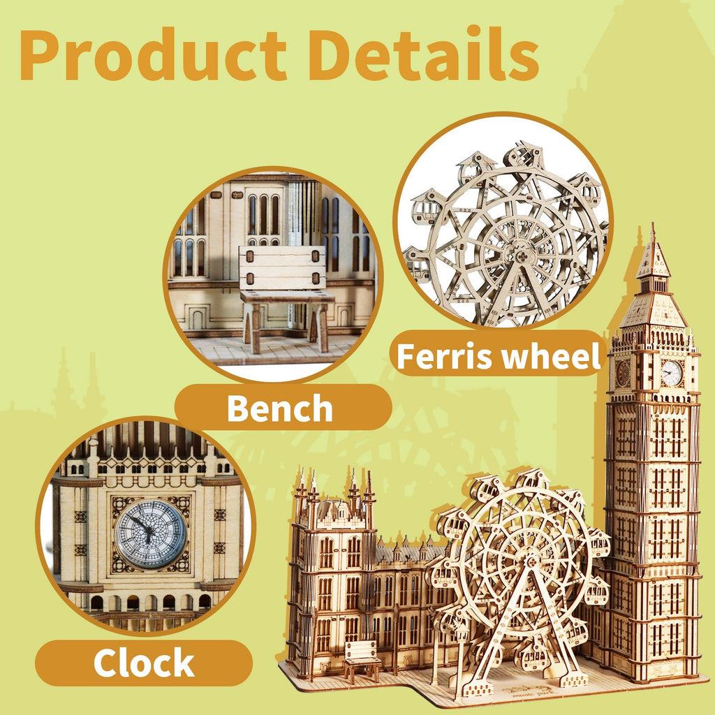 Music Park - 3D Wooden Puzzle Big Ben Model Kits Desktop Clock DIY Building Blocks Creative Gift Home Decor for Family Unique Christmas Gift
