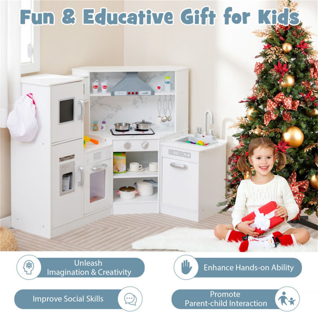 inQ Boutique - Interactive Kids Play Kitchen with Ice Maker & Chalkboard, Corner Design Pretend Cooking Set with Realistic Sound Effects-White