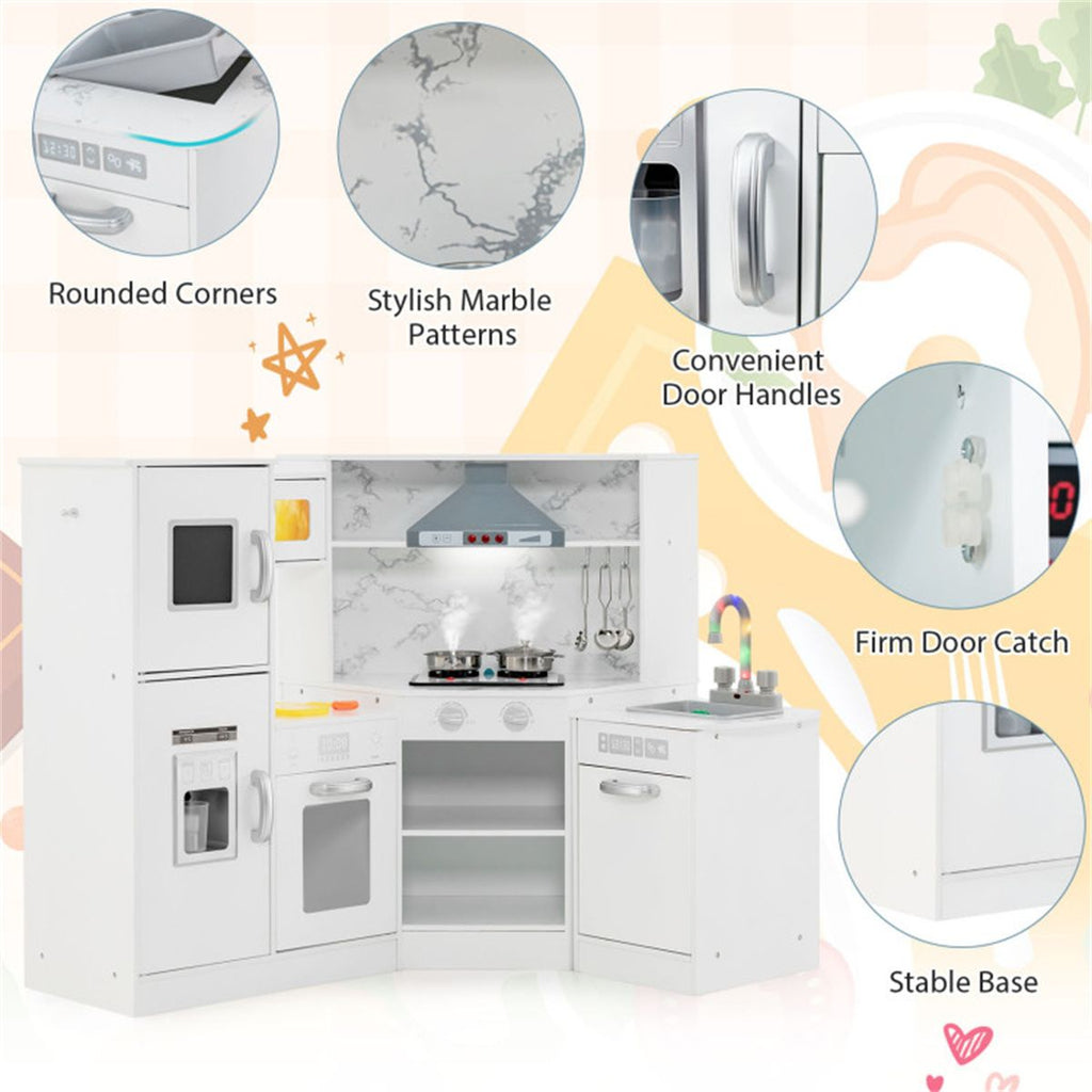 inQ Boutique - Interactive Kids Play Kitchen with Ice Maker & Chalkboard, Corner Design Pretend Cooking Set with Realistic Sound Effects-White