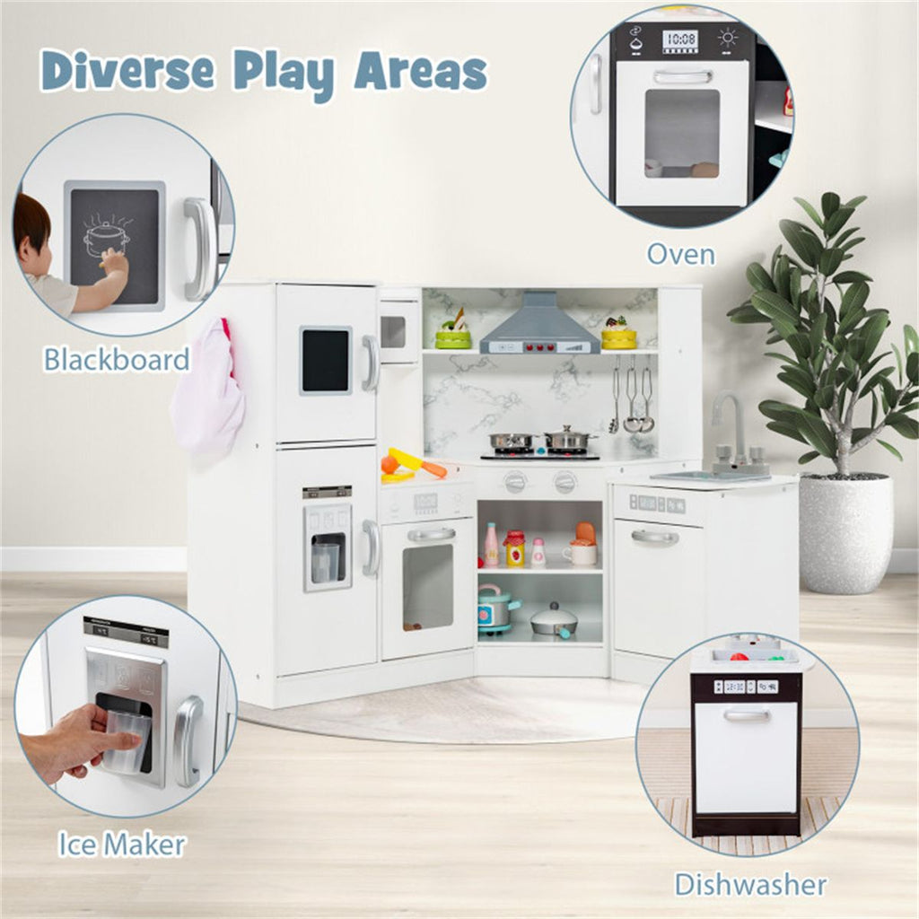 inQ Boutique - Interactive Kids Play Kitchen with Ice Maker & Chalkboard, Corner Design Pretend Cooking Set with Realistic Sound Effects-White