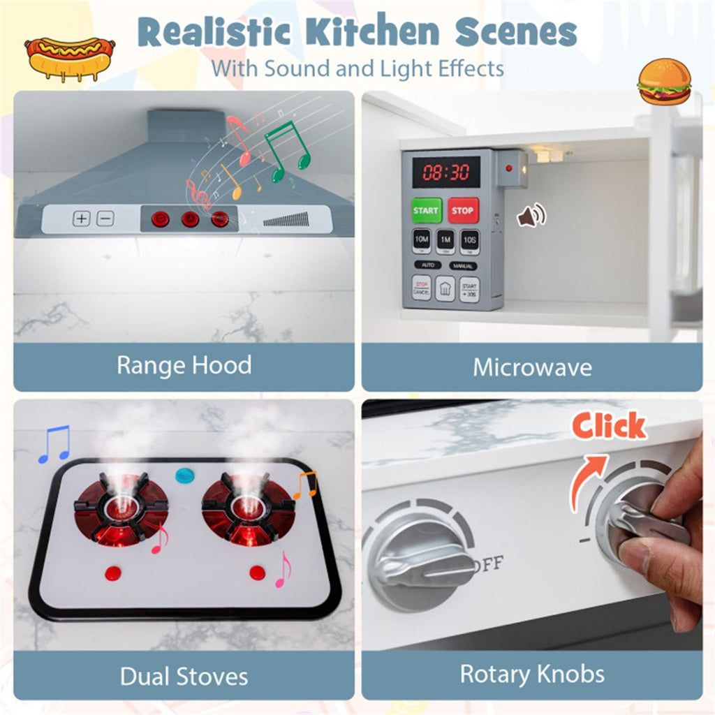 inQ Boutique - Interactive Kids Play Kitchen with Ice Maker & Chalkboard, Corner Design Pretend Cooking Set with Realistic Sound Effects-White