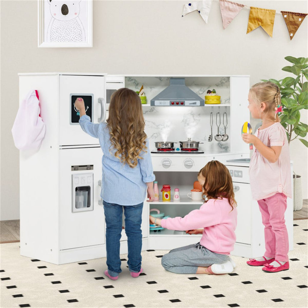 inQ Boutique - Interactive Kids Play Kitchen with Ice Maker & Chalkboard, Corner Design Pretend Cooking Set with Realistic Sound Effects-White