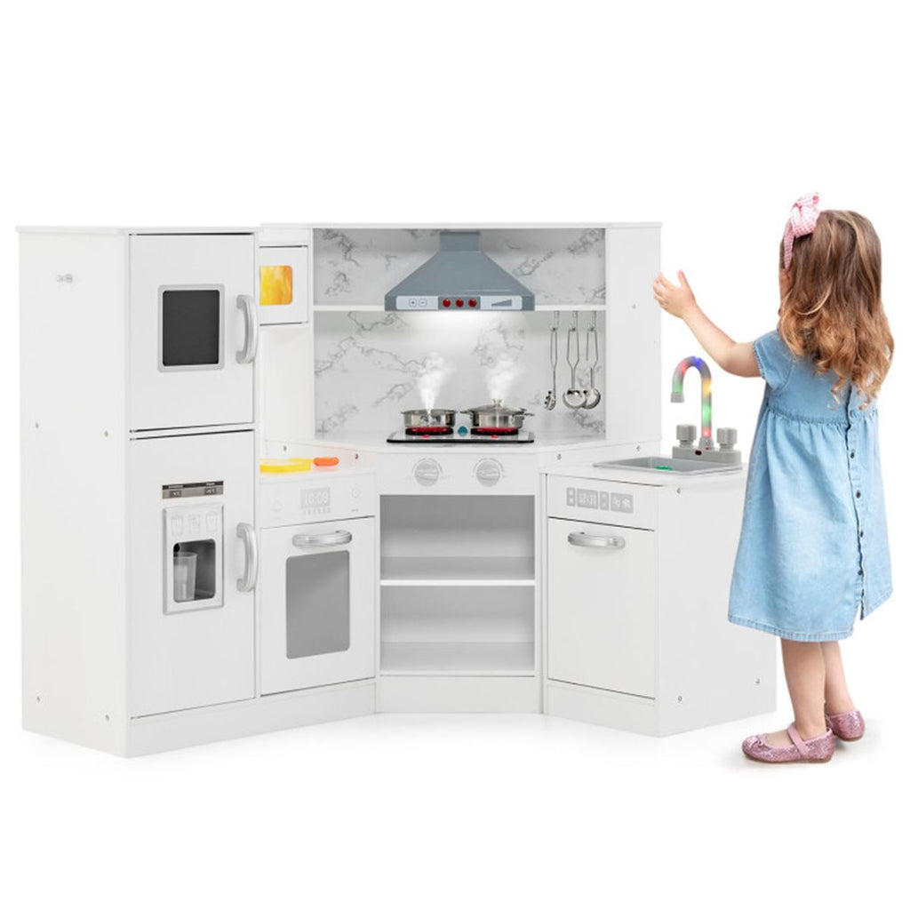 inQ Boutique - Interactive Kids Play Kitchen with Ice Maker & Chalkboard, Corner Design Pretend Cooking Set with Realistic Sound Effects-White