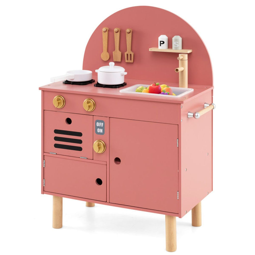 inQ Boutique - Pink Wooden Kids Play Kitchen with Interactive Stove & Sink, ASTM/CPSIA Compliant Pretend Cooking Set for Ages 3+