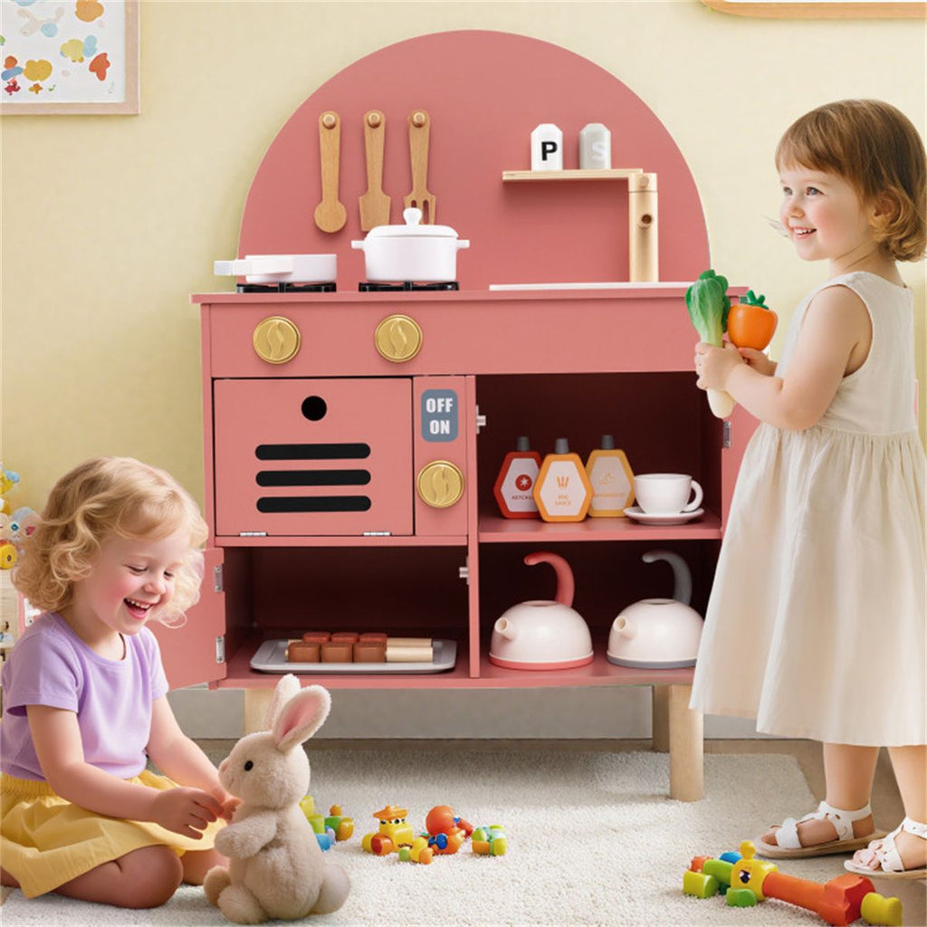 inQ Boutique - Pink Wooden Kids Play Kitchen with Interactive Stove & Sink, ASTM/CPSIA Compliant Pretend Cooking Set for Ages 3+