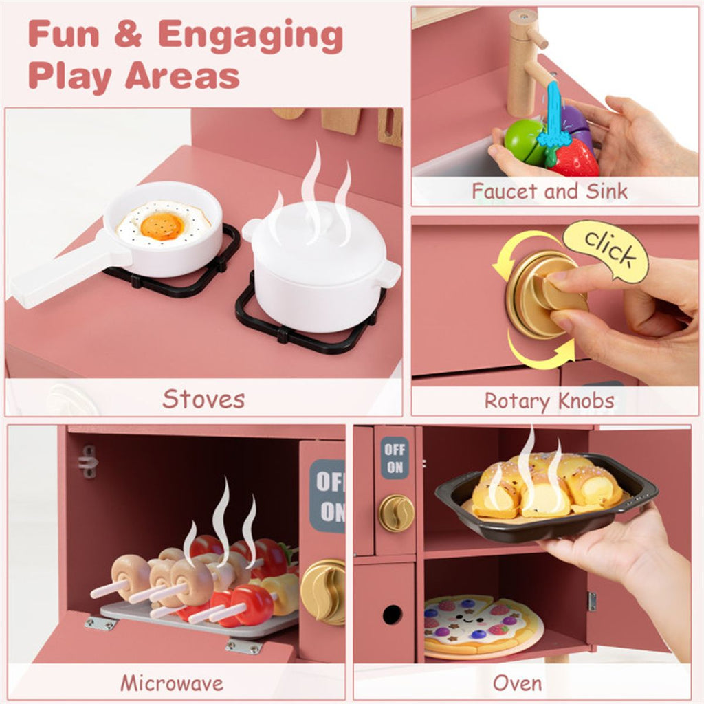 inQ Boutique - Pink Wooden Kids Play Kitchen with Interactive Stove & Sink, ASTM/CPSIA Compliant Pretend Cooking Set for Ages 3+