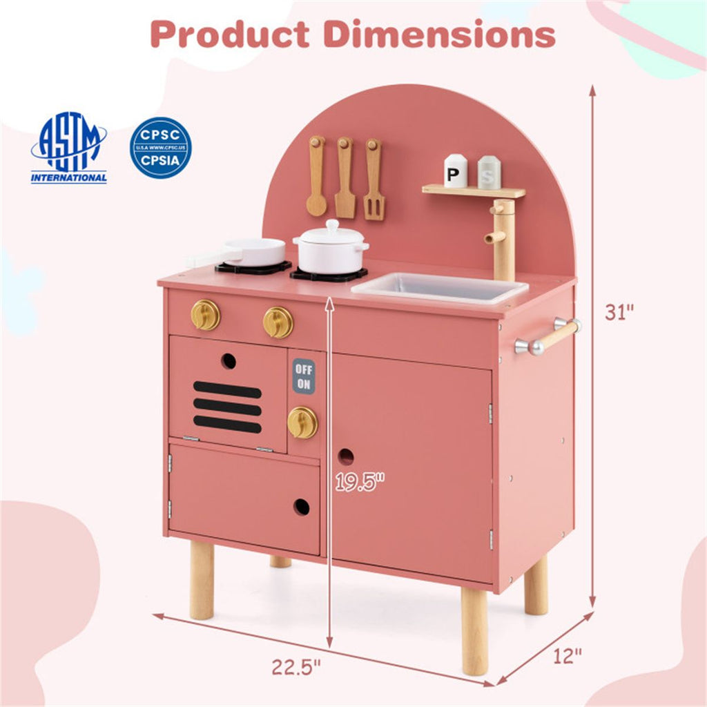 inQ Boutique - Pink Wooden Kids Play Kitchen with Interactive Stove & Sink, ASTM/CPSIA Compliant Pretend Cooking Set for Ages 3+