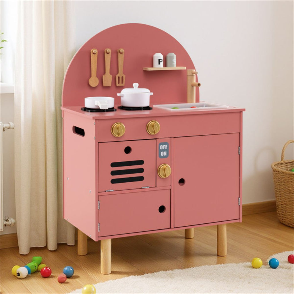 inQ Boutique - Pink Wooden Kids Play Kitchen with Interactive Stove & Sink, ASTM/CPSIA Compliant Pretend Cooking Set for Ages 3+
