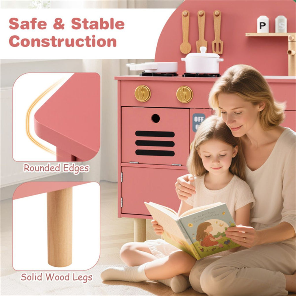 inQ Boutique - Pink Wooden Kids Play Kitchen with Interactive Stove & Sink, ASTM/CPSIA Compliant Pretend Cooking Set for Ages 3+