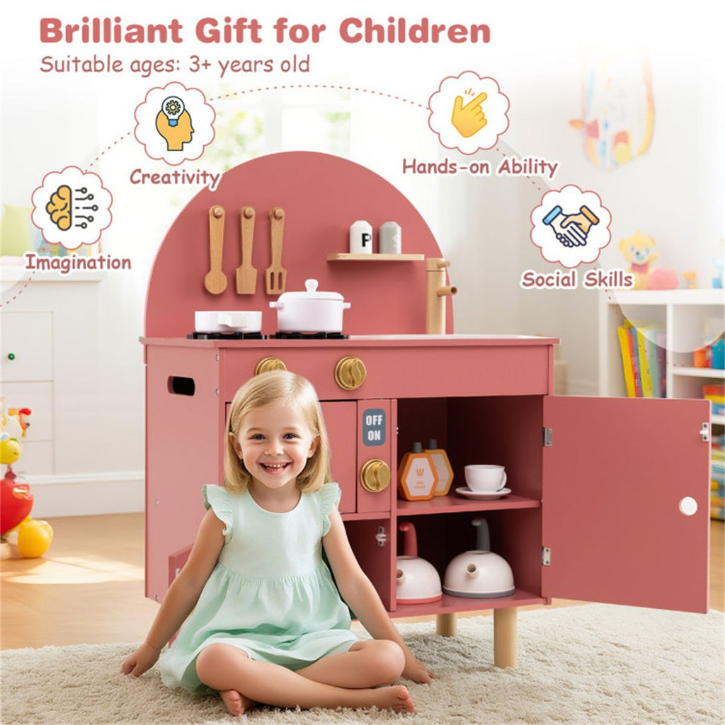 inQ Boutique - Pink Wooden Kids Play Kitchen with Interactive Stove & Sink, ASTM/CPSIA Compliant Pretend Cooking Set for Ages 3+