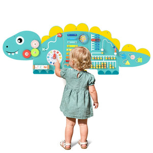 inQ Boutique - 11-in-1 Dinosaur Activity Wall Busy Board Panels-- Wooden Sensory Toy-Green