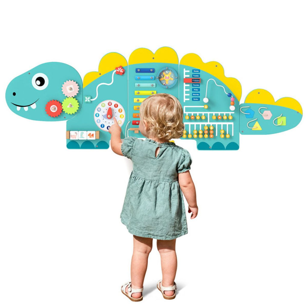 inQ Boutique - 11-in-1 Dinosaur Activity Wall Busy Board Panels-- Wooden Sensory Toy-Green