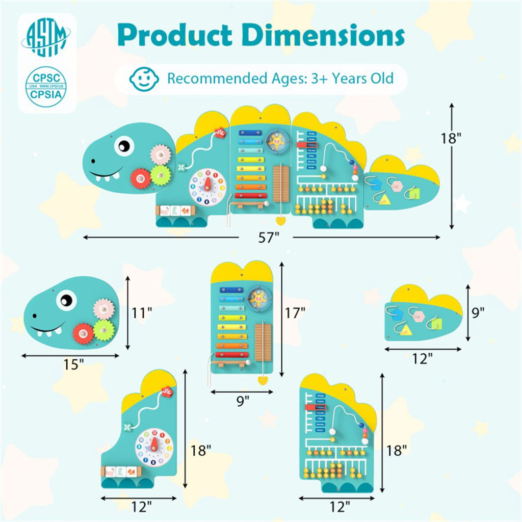 inQ Boutique - 11-in-1 Dinosaur Activity Wall Busy Board Panels-- Wooden Sensory Toy-Green