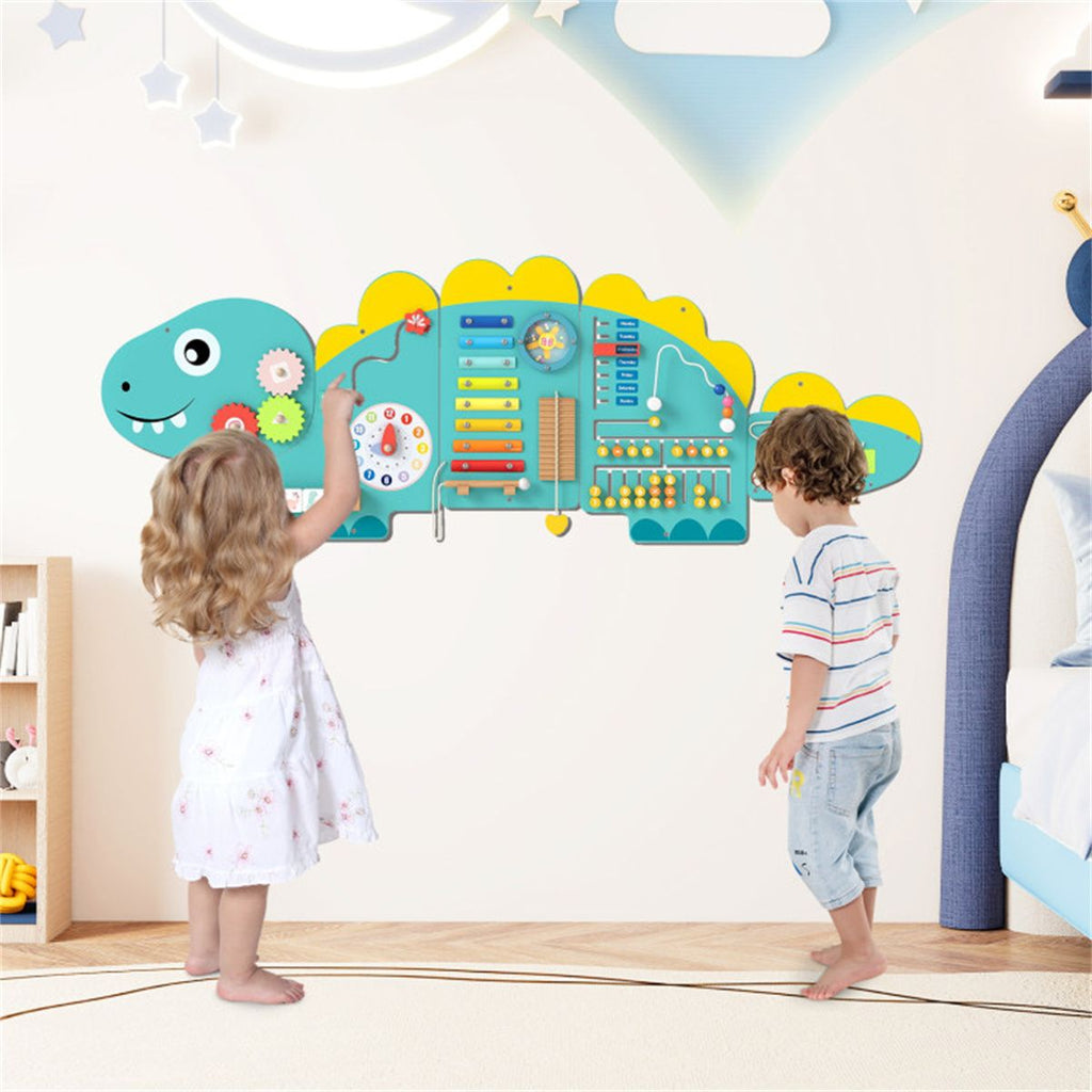 inQ Boutique - 11-in-1 Dinosaur Activity Wall Busy Board Panels-- Wooden Sensory Toy-Green