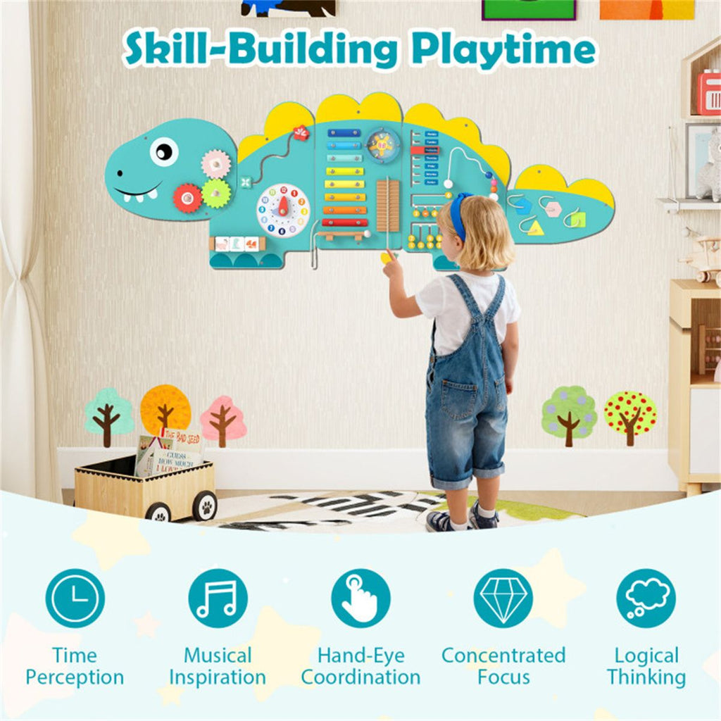 inQ Boutique - 11-in-1 Dinosaur Activity Wall Busy Board Panels-- Wooden Sensory Toy-Green