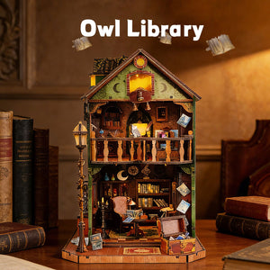 Music Park - 3d wooden puzzle for adults Owl Library book nook with lights model kit dollhouse DIY miniature house Birthday and Christmas gifts