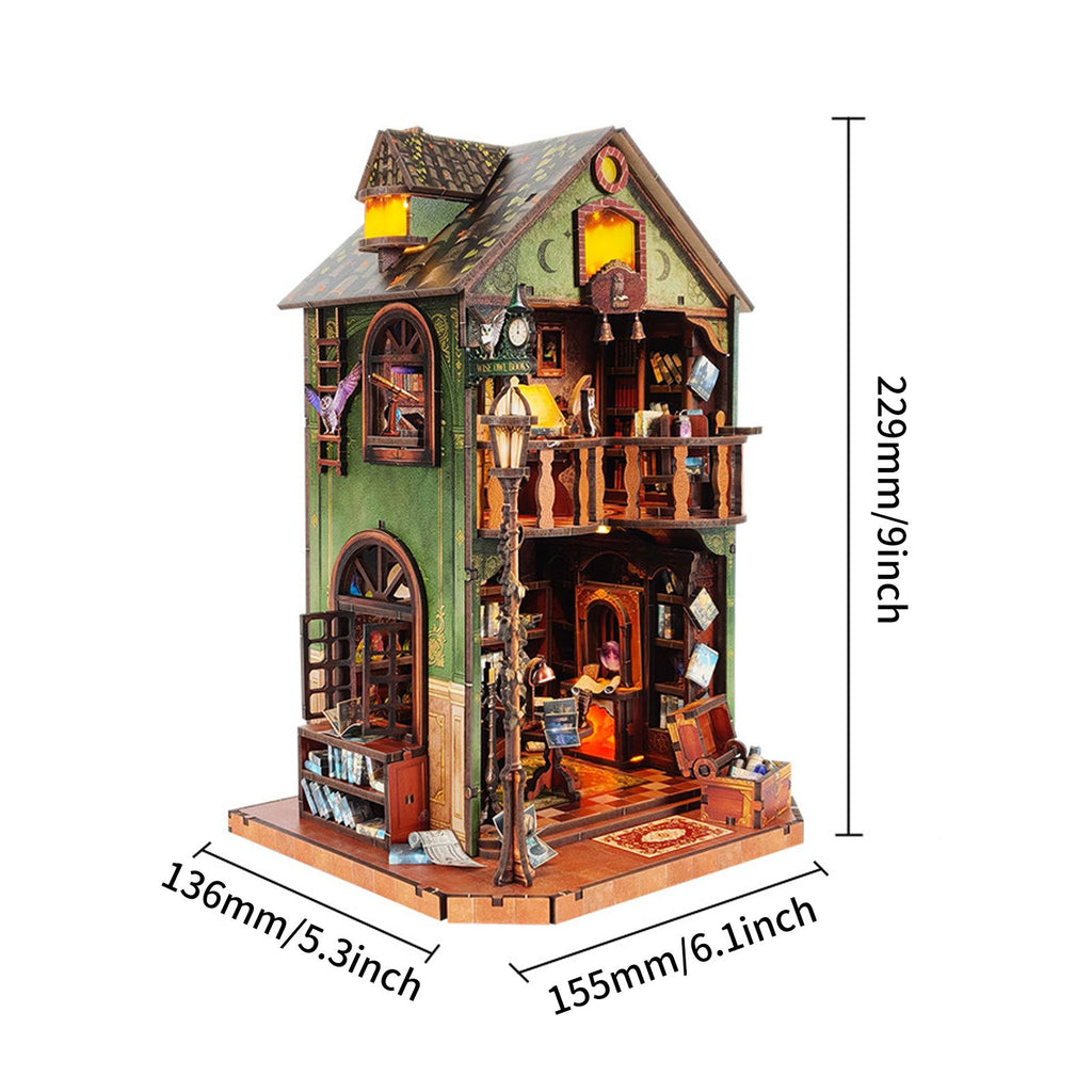 Music Park - 3d wooden puzzle for adults Owl Library book nook with lights model kit dollhouse DIY miniature house Birthday and Christmas gifts
