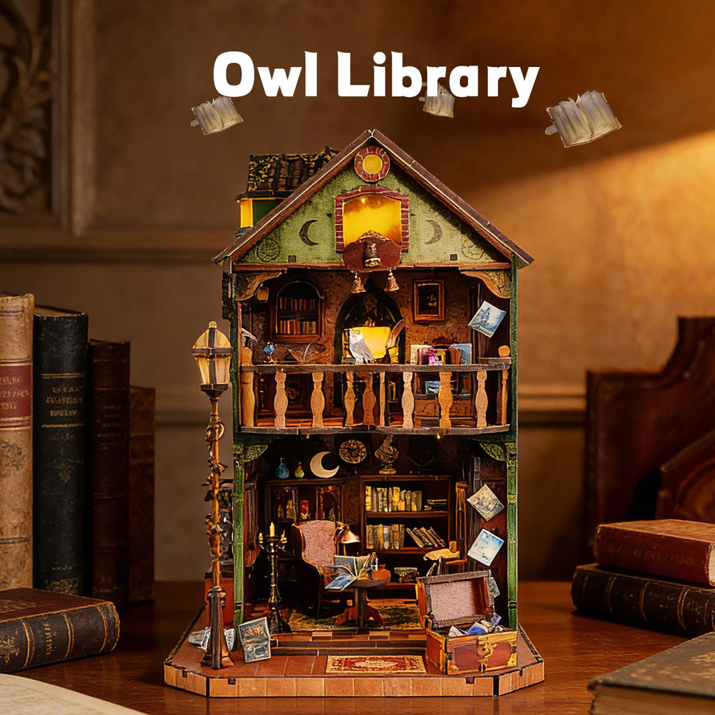 Music Park - 3d wooden puzzle for adults Owl Library book nook with lights model kit dollhouse DIY miniature house Birthday and Christmas gifts