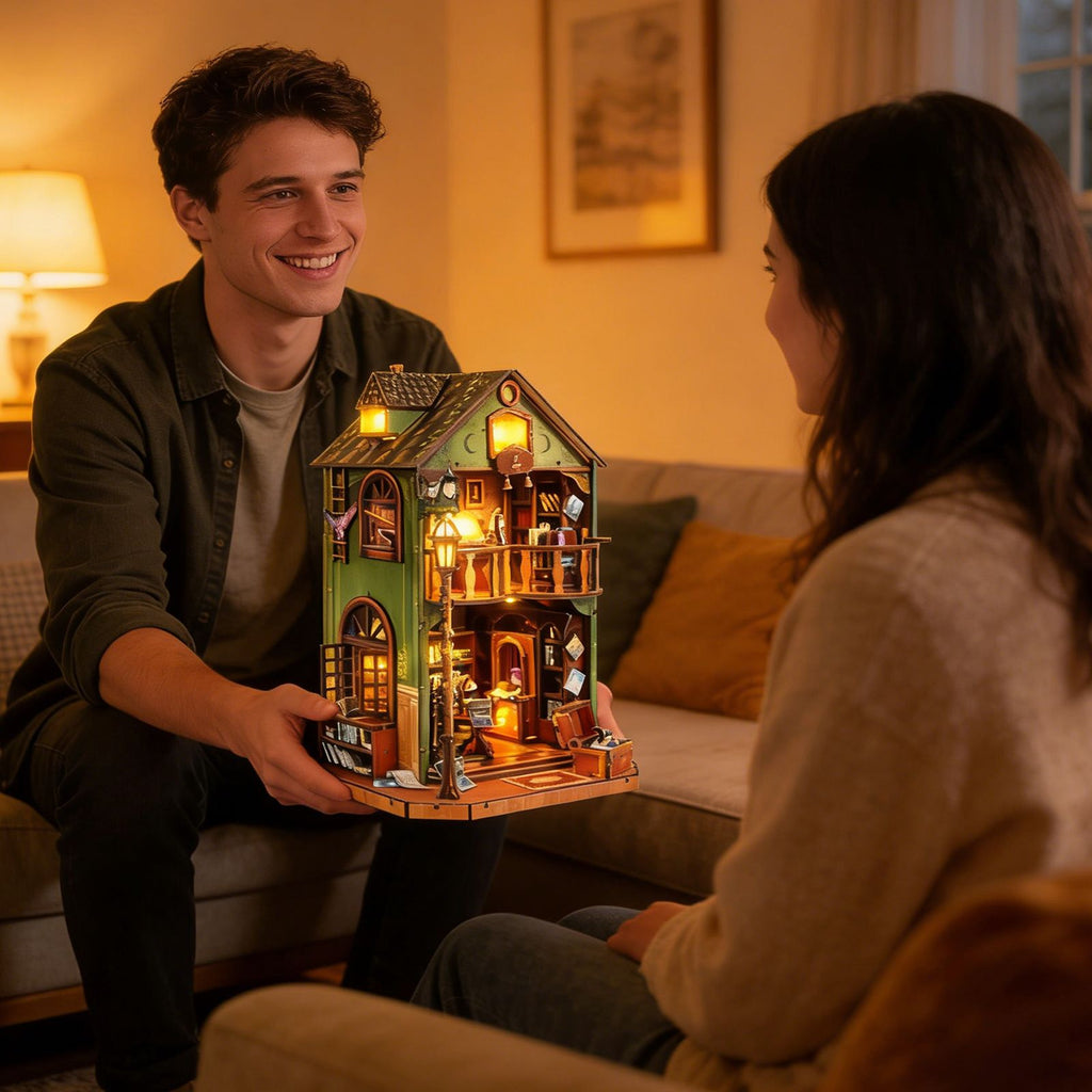 Music Park - 3d wooden puzzle for adults Owl Library book nook with lights model kit dollhouse DIY miniature house Birthday and Christmas gifts