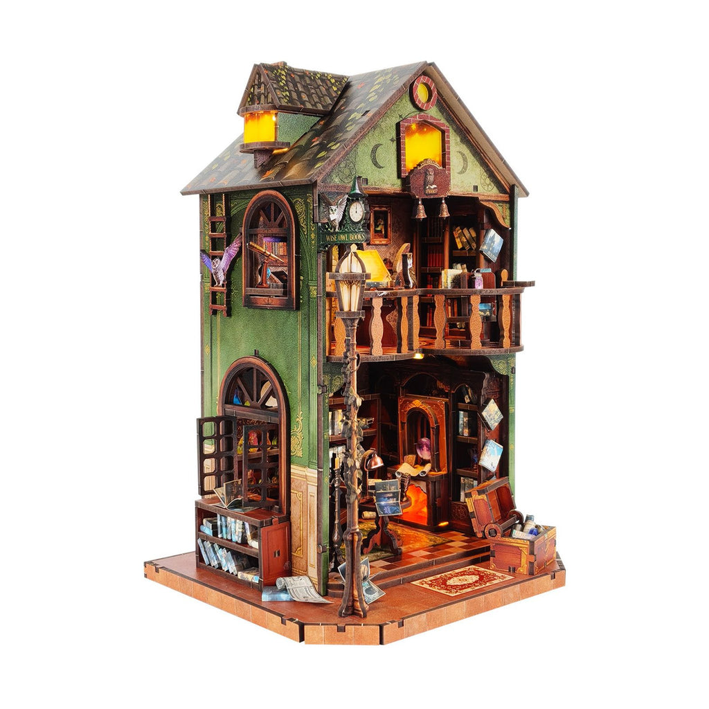 Music Park - 3d wooden puzzle for adults Owl Library book nook with lights model kit dollhouse DIY miniature house Birthday and Christmas gifts
