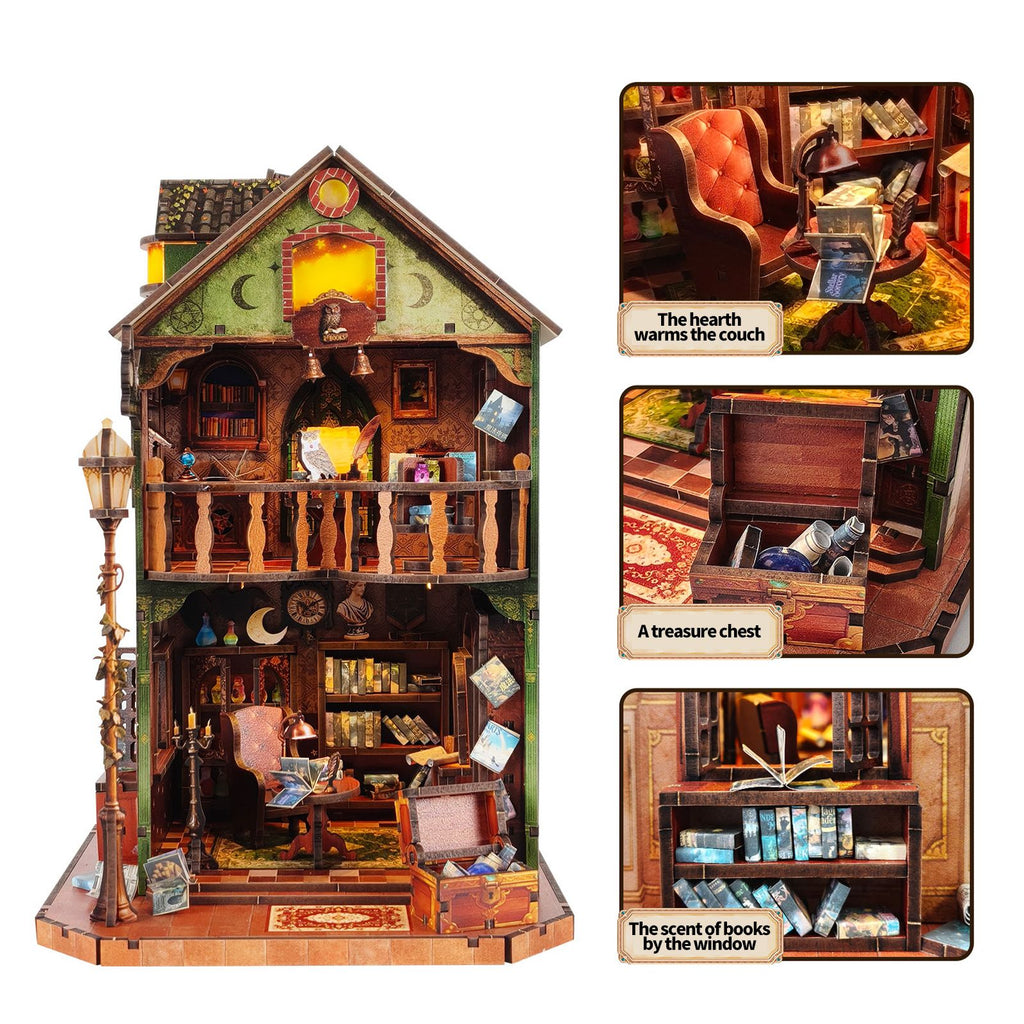 Music Park - 3d wooden puzzle for adults Owl Library book nook with lights model kit dollhouse DIY miniature house Birthday and Christmas gifts