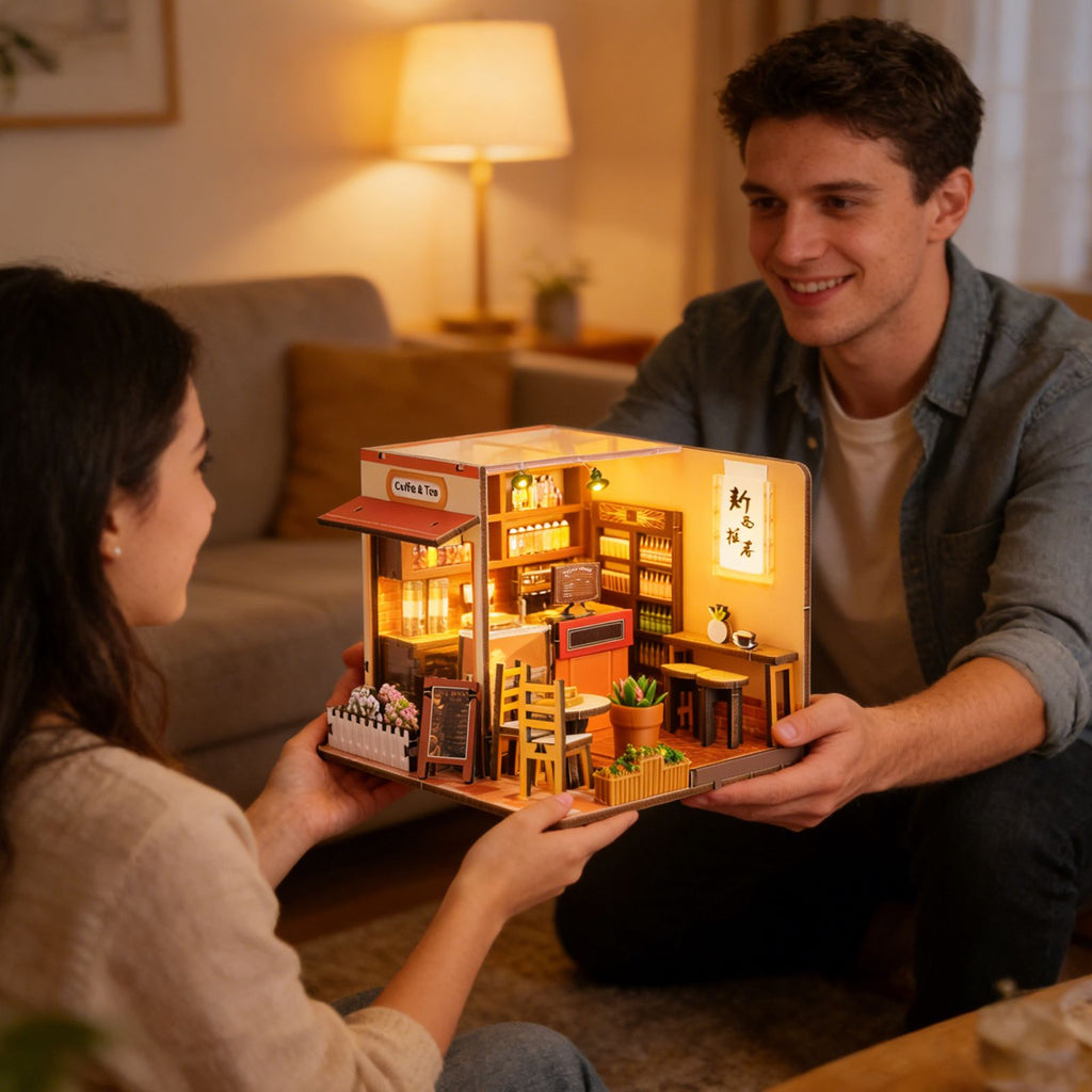 Music Park - 3d wooden puzzle for adults Corner Coffee Shop book nook with lights model kit dollhouse DIY miniature house Birthday and Christmas gifts