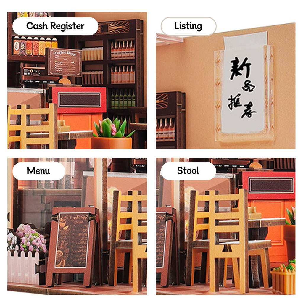 Music Park - 3d wooden puzzle for adults Corner Coffee Shop book nook with lights model kit dollhouse DIY miniature house Birthday and Christmas gifts