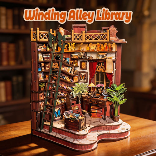 Music Park - 3d wooden puzzle for adults Winding Lane Library book nook with lights model kit dollhouse DIY miniature house Birthday and Christmas gifts