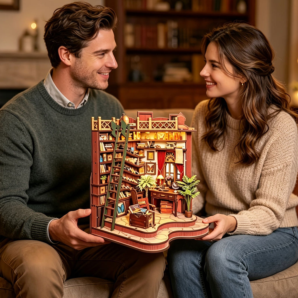 Music Park - 3d wooden puzzle for adults Winding Lane Library book nook with lights model kit dollhouse DIY miniature house Birthday and Christmas gifts