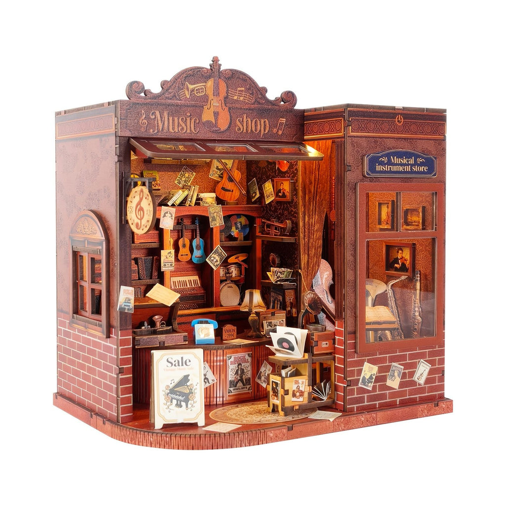 Music Park - 3d wooden puzzle for adults Old Lane Sound Box House book nook with lights model kit dollhouse DIY miniature house Birthday and Christmas gifts