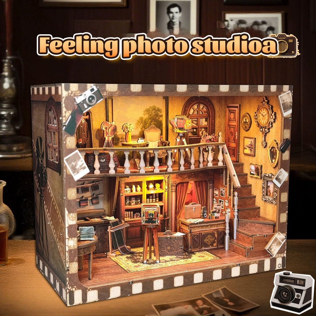 Music Park - 3d wooden puzzle for adults Nostalgia Photo Studio book nook with lights model kit dollhouse DIY miniature house Birthday and Christmas gifts