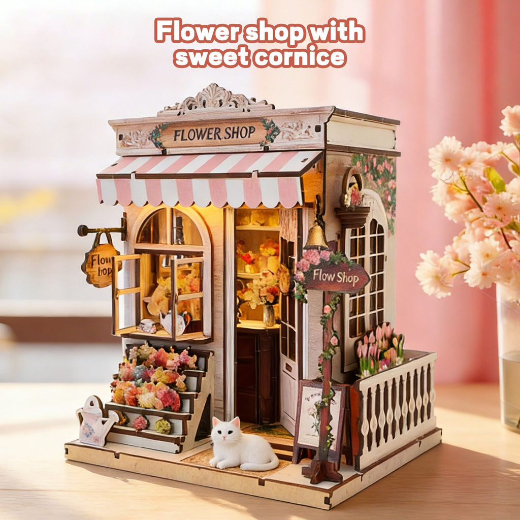 Music Park - 3d wooden puzzle for adults Sweet Eaves Florist book nook with lights model kit dollhouse DIY miniature house Birthday and Christmas gifts