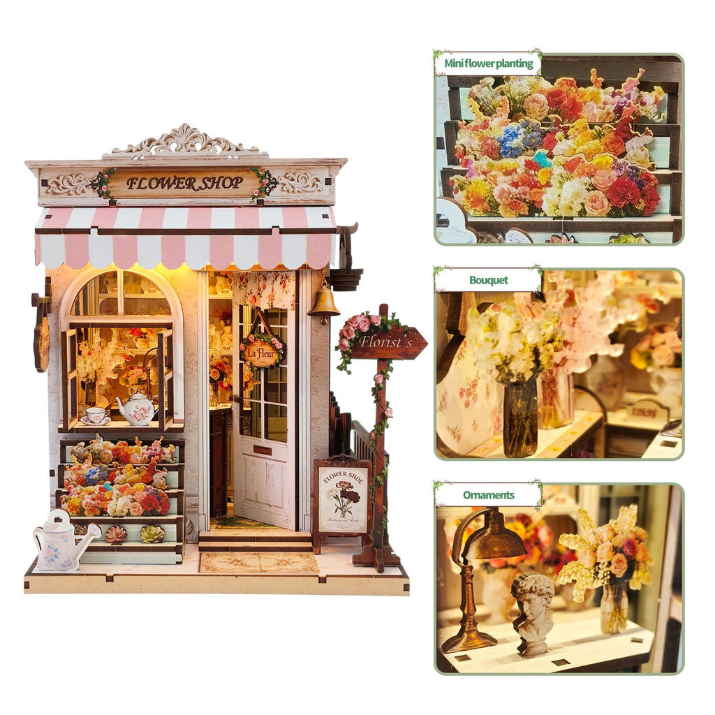 Music Park - 3d wooden puzzle for adults Sweet Eaves Florist book nook with lights model kit dollhouse DIY miniature house Birthday and Christmas gifts
