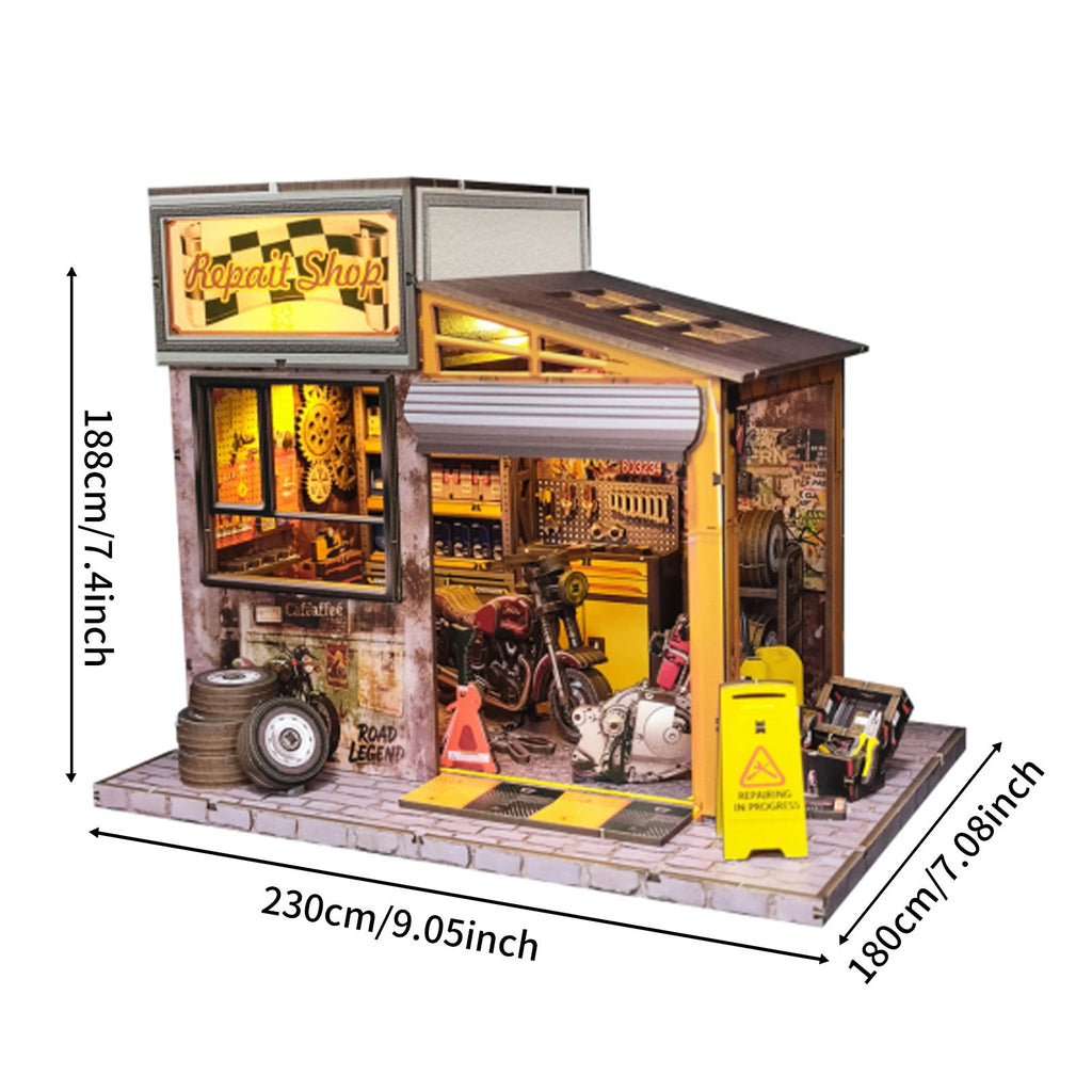 Music Park - 3d wooden puzzle for adults Moto Repair Garage book nook with lights model kit dollhouse DIY miniature house Birthday and Christmas gifts