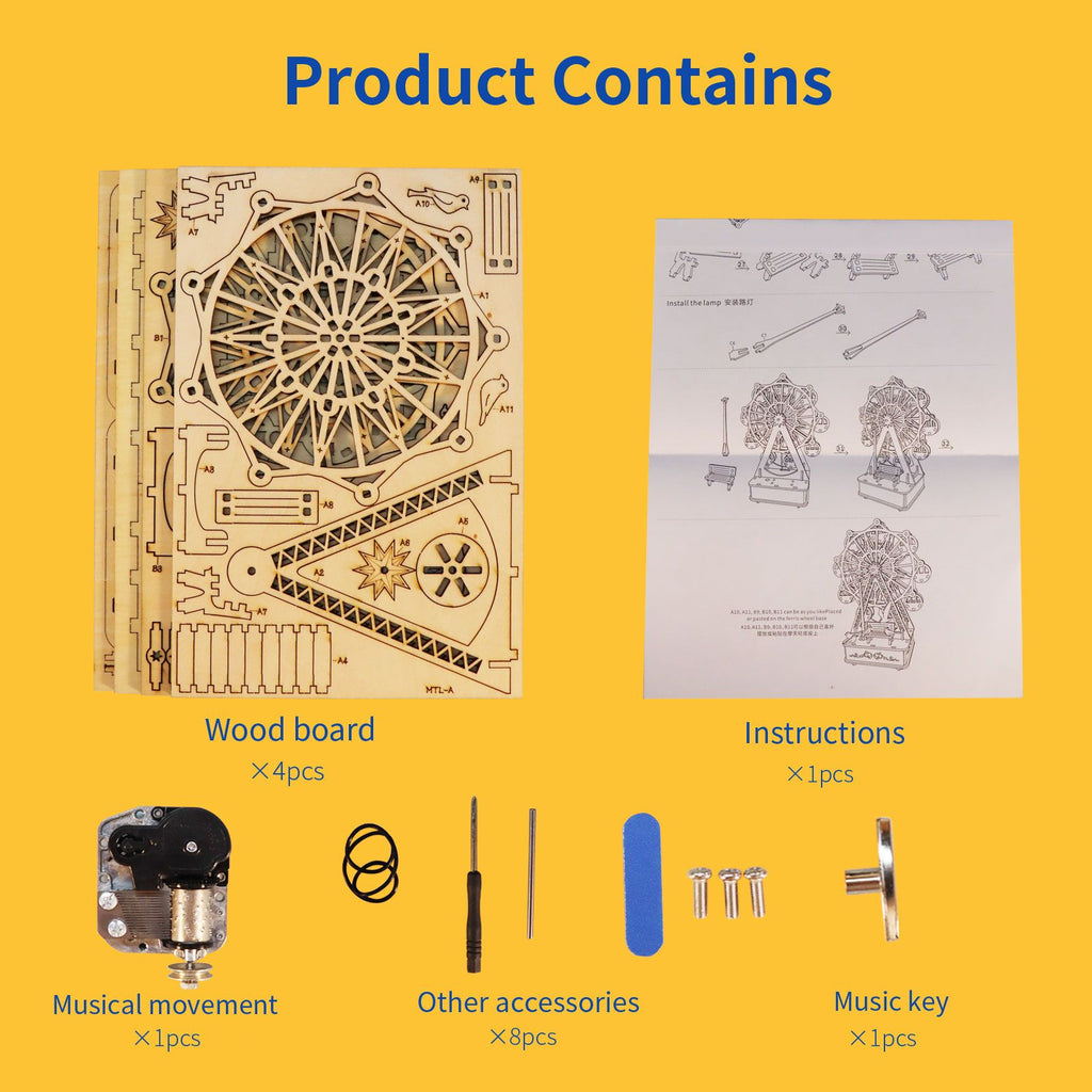 Music Park - 3D Wooden Puzzles Music Box Ferris Wheel DIY Crafts Handmade Model Kits for Women Birthday Gifts