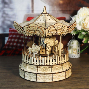 Music Park - 3d Wooden Puzzle Carousel Music Box Handmade Assembly Model Kit Holidays Birthdays Christmas Gifts