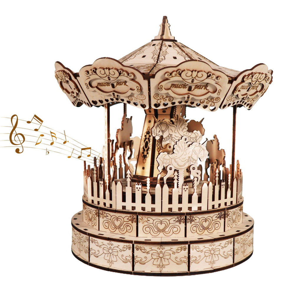 Music Park - 3d Wooden Puzzle Carousel Music Box Handmade Assembly Model Kit Holidays Birthdays Christmas Gifts