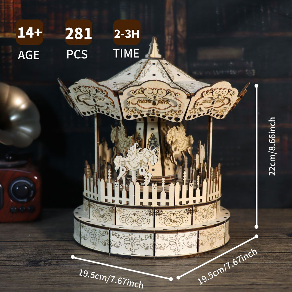 Music Park - 3d Wooden Puzzle Carousel Music Box Handmade Assembly Model Kit Holidays Birthdays Christmas Gifts