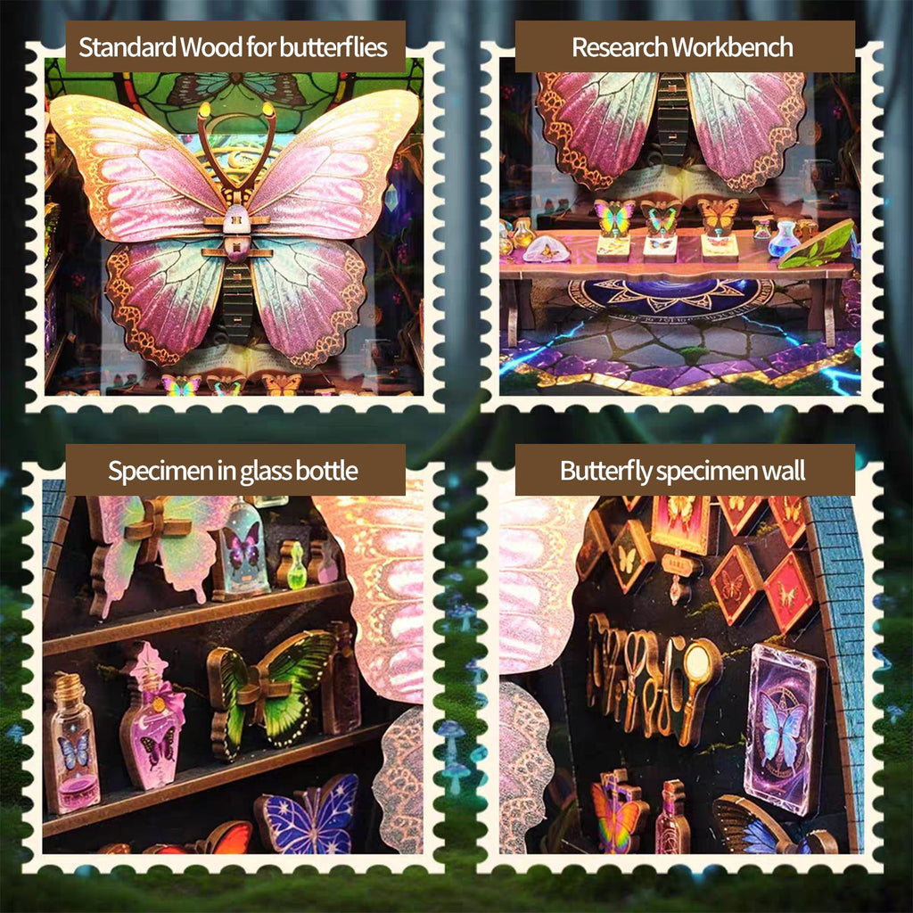 Music Park - 3d wooden puzzle for adults Butterfly Specimen Museum book nook with lights model kit dollhouse DIY miniature house Birthday and Christmas gifts