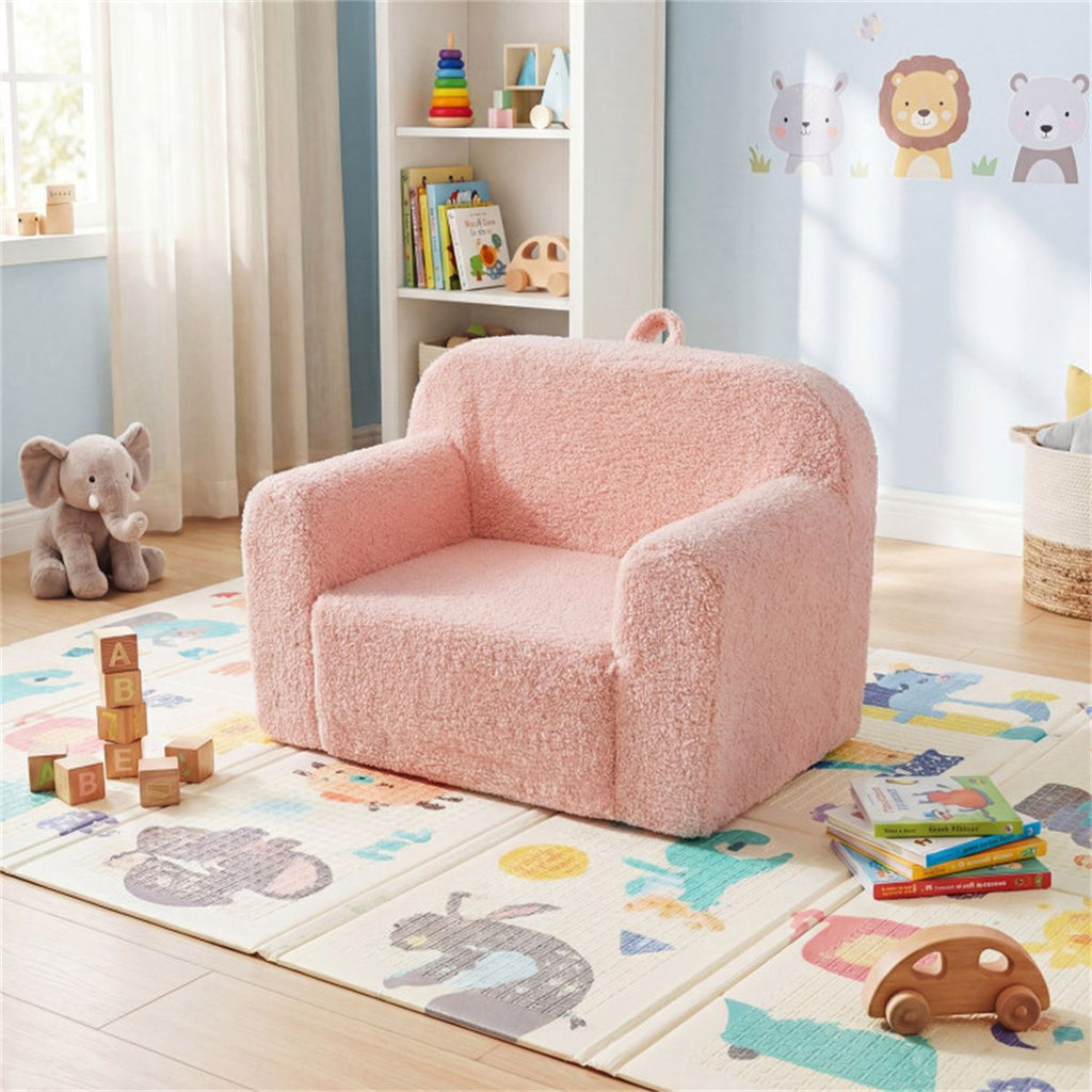 inQ Boutique - No-Assembly Kids Sofa, Soft Teddy Fleece Foam Couch with Carry Handle & Removable Washable Cover (Pink)