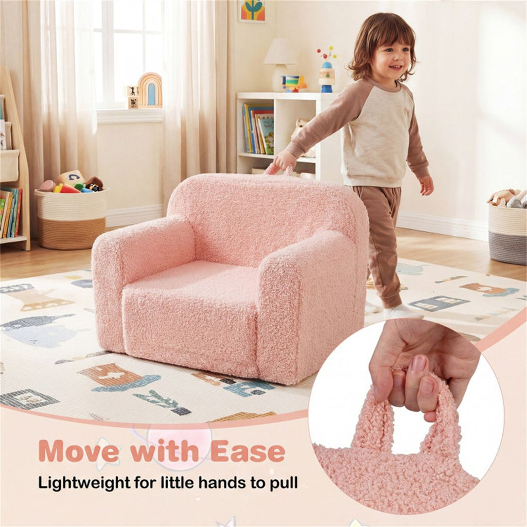 inQ Boutique - No-Assembly Kids Sofa, Soft Teddy Fleece Foam Couch with Carry Handle & Removable Washable Cover (Pink)